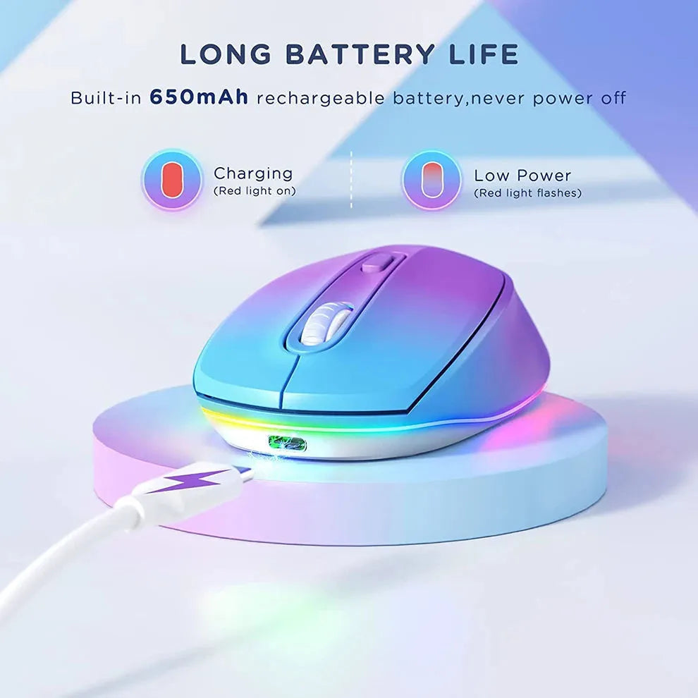 24g wireless mouse with ergonomic design showing seven colour options and USB charging cable