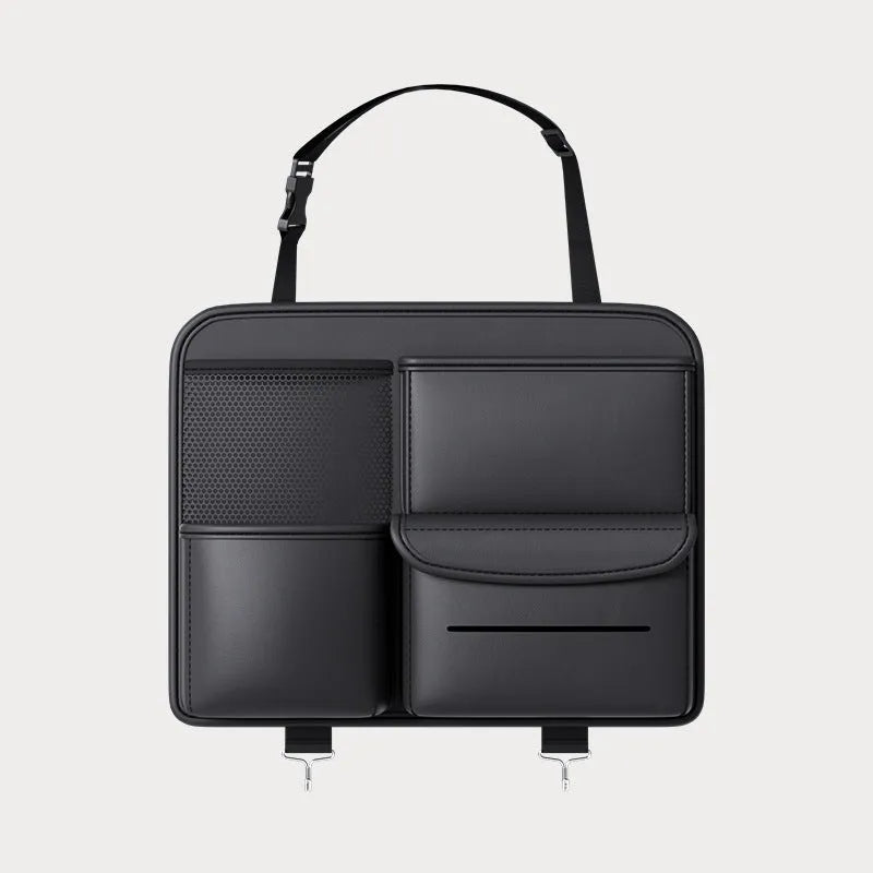 Black leather hanging storage bag with handle for car seat or buggy organisation