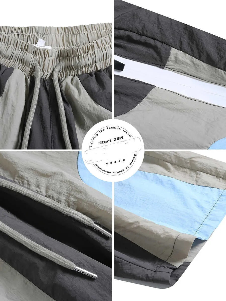 Blue patchwork outdoor sports shorts with quick-drying fabric and loose straight-leg fit