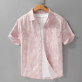 Men's grey white cotton short sleeve cardigan with hanging dyed printed design, loose fit style