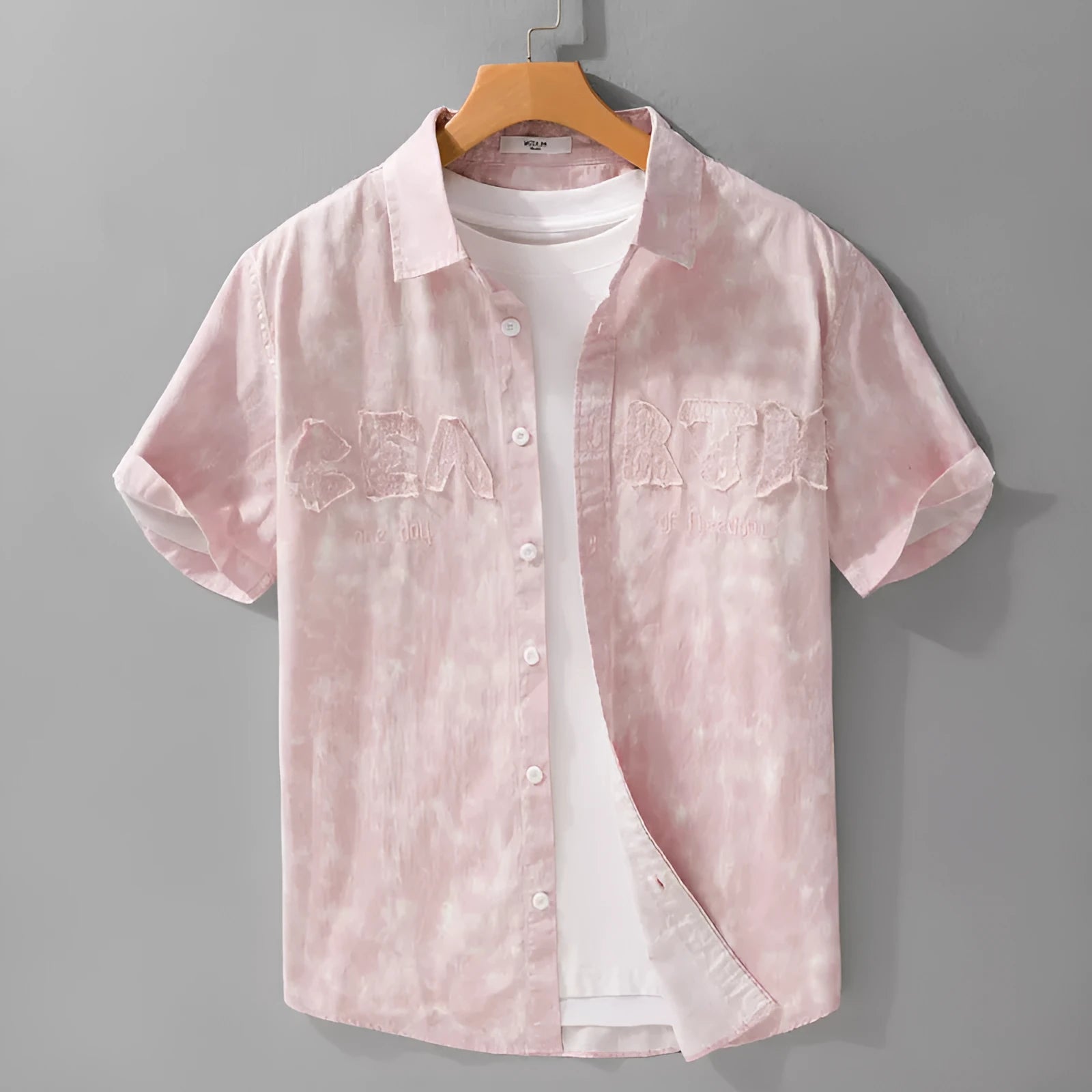 Men's grey white cotton short sleeve cardigan with hanging dyed printed design, loose fit style
