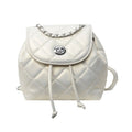 Women's rhombus plaid pattern backpack in PU leather with a cover closure, shown in silver colour.