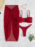 Women's three-piece bikini set with long culottes in French style, showing bra, panties, and skirt in solid colour