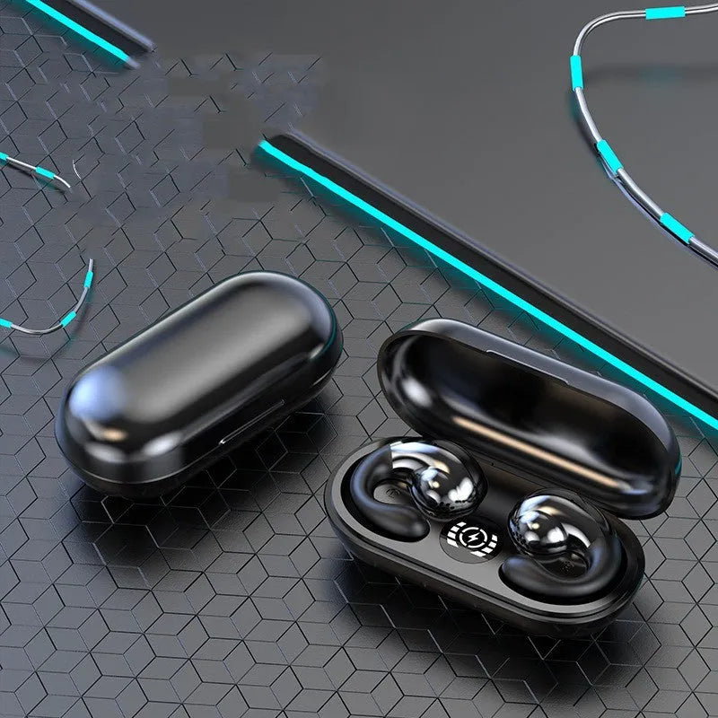 Wireless Bluetooth sports headphones with ear clip design in multiple colours showing digital display screen