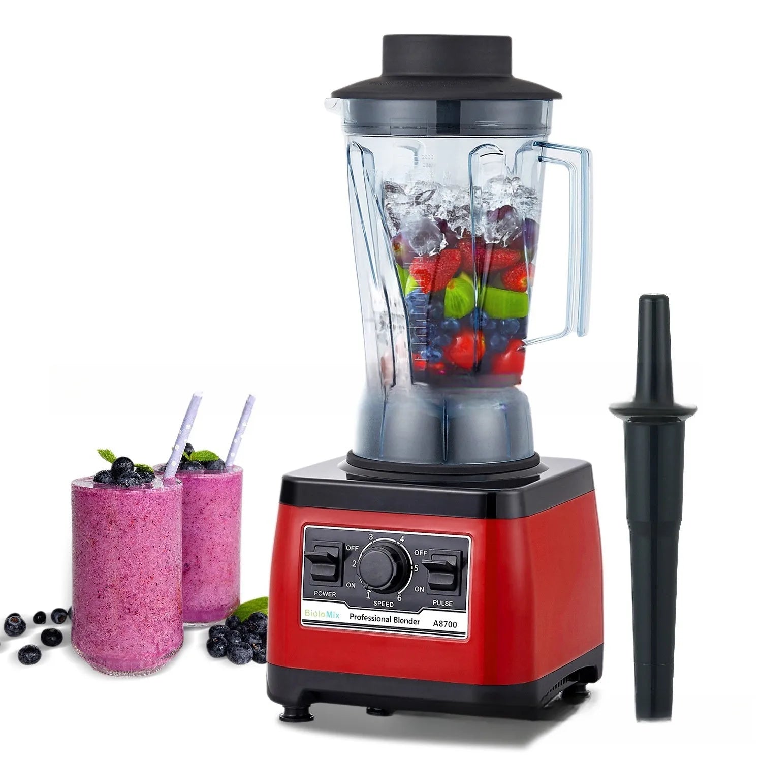 Red commercial blender with 2200W motor and 2L capacity for industrial kitchen use