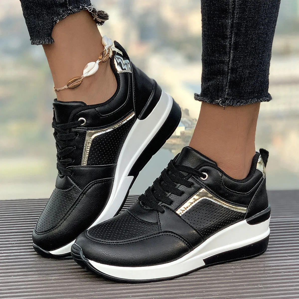 Women's milky white wedge platform casual shoes with lace-up front on a rubber sole.