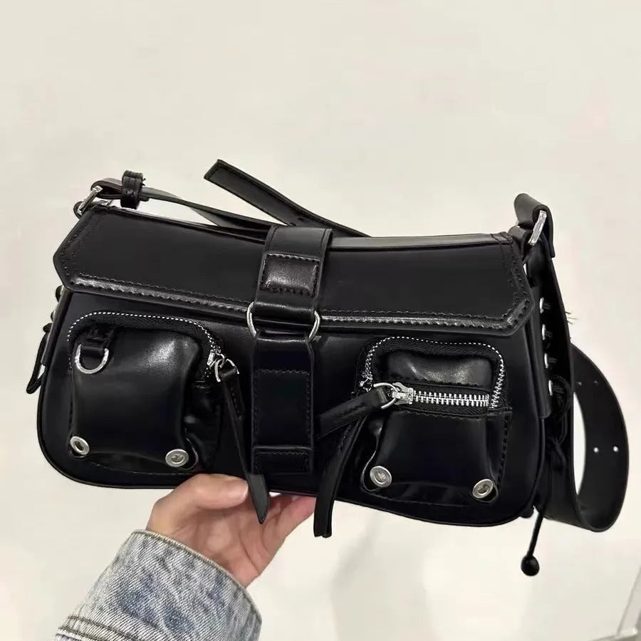 Black PU messenger bag with adjustable strap, showing compact 16cm height and 27cm width dimensions