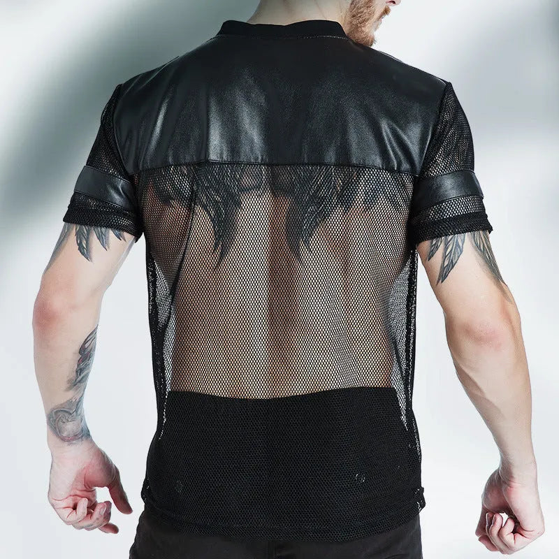 Black men's V-neck mesh sports T-shirt with short sleeves on size chart background
