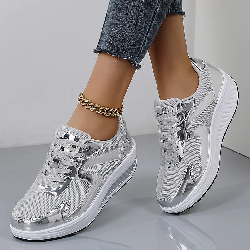 Women's gold mesh platform shoes with cross-strap and 3-5 cm mid heel