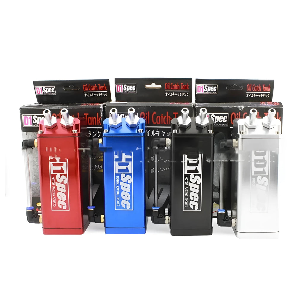 Square and round oil catch tanks for car modification in black, red, silver, and blue colours
