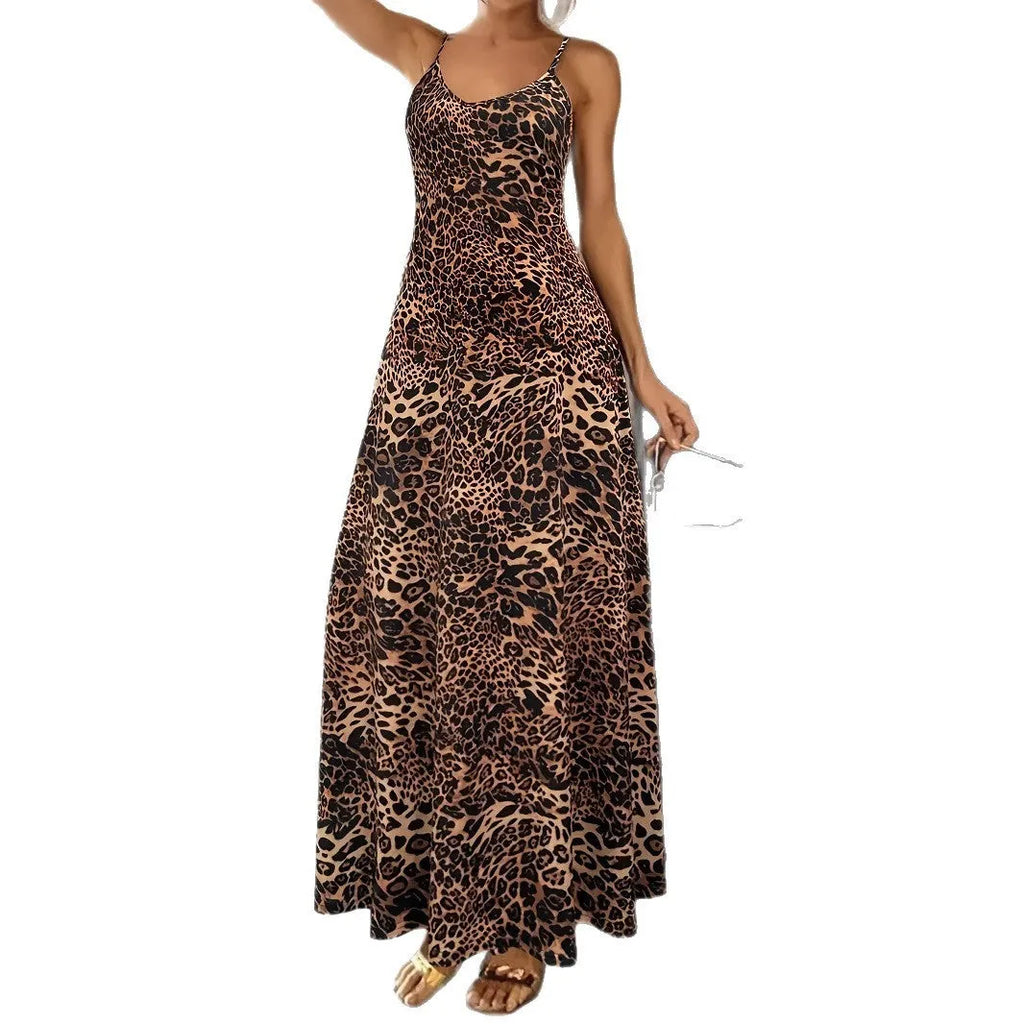 Dark brown leopard print sleeveless dress with adjustable shoulder straps and mid-waist hip skirt design