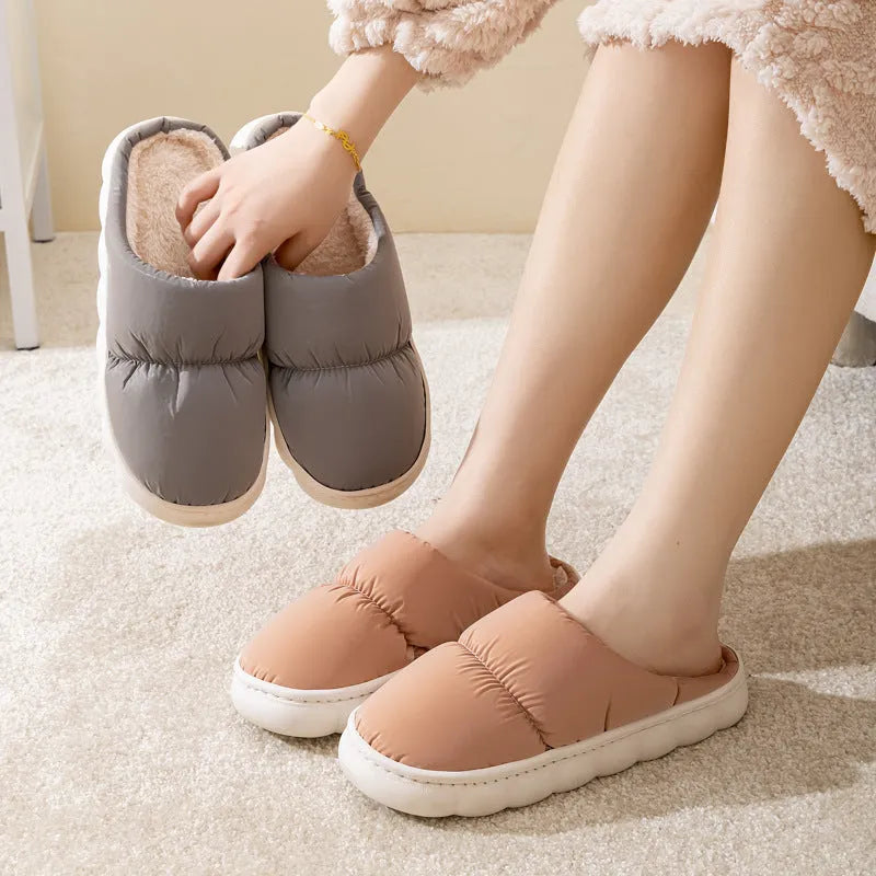 Down cotton slippers with artificial leather upper, rubber anti-slip soles, and plush lining in blue, green, grey, pink, or yellow
