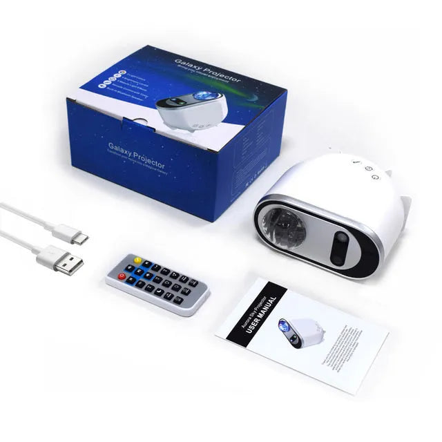 White starlight projector lamp projecting Northern Lights aurora and stars on wall with remote control