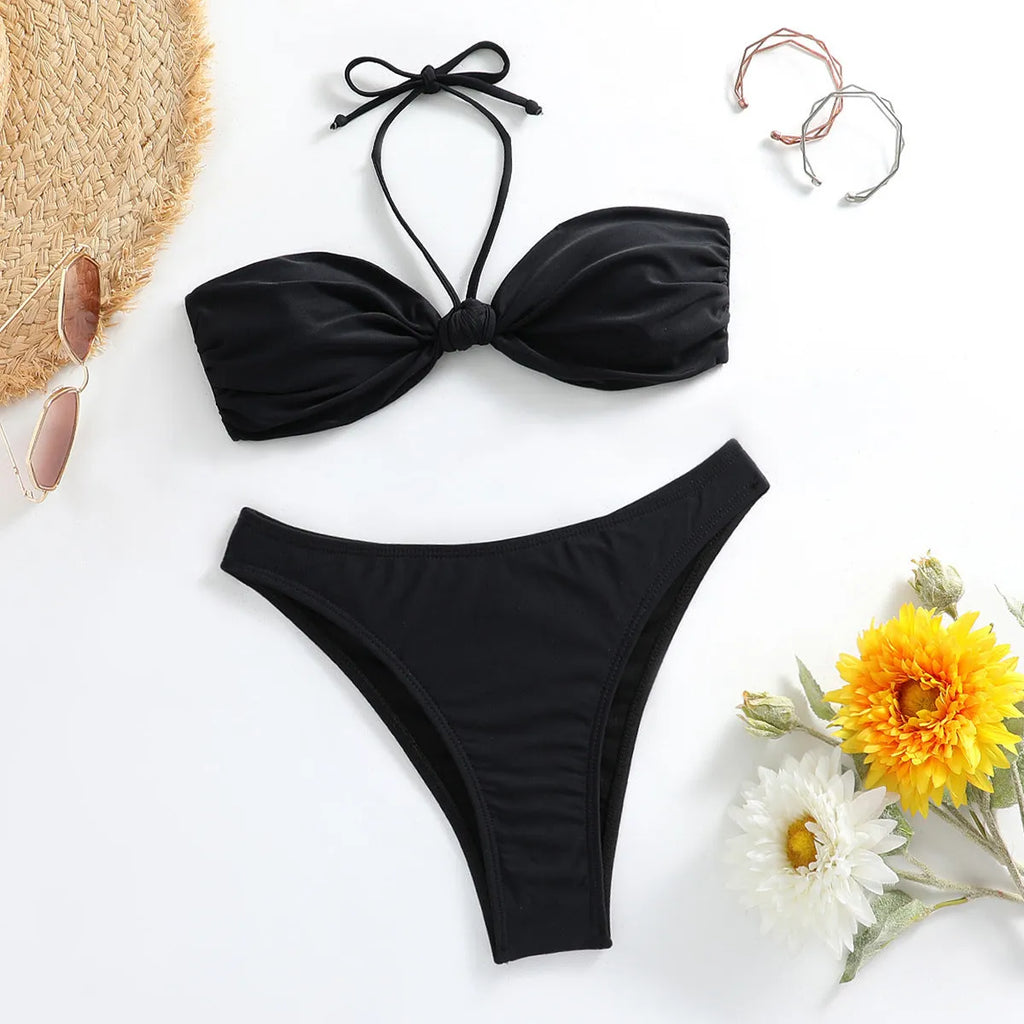 Black polyester women's bikini set with lace-up tube top and briefs in S, M, L sizes
