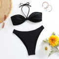Black polyester women's bikini set with lace-up tube top and briefs in S, M, L sizes