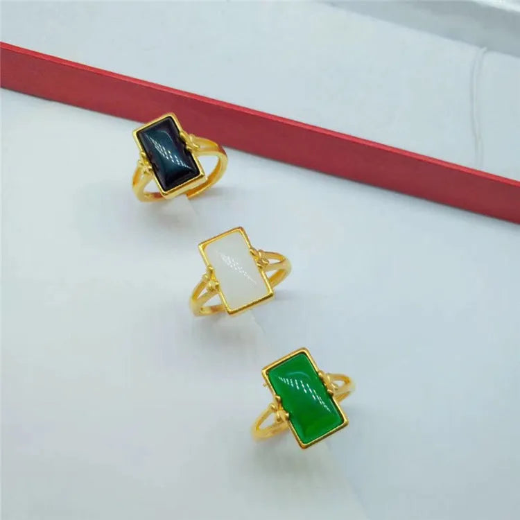 Adjustable brass gold-plated ring with electroplated finish and inlaid gemstone in choice of colours