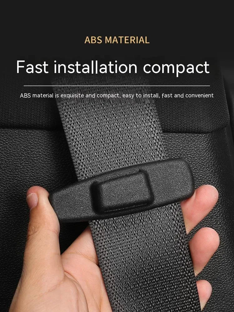 Two black ABS plastic car seat belt stopper clips with black socks in clear OPP packaging