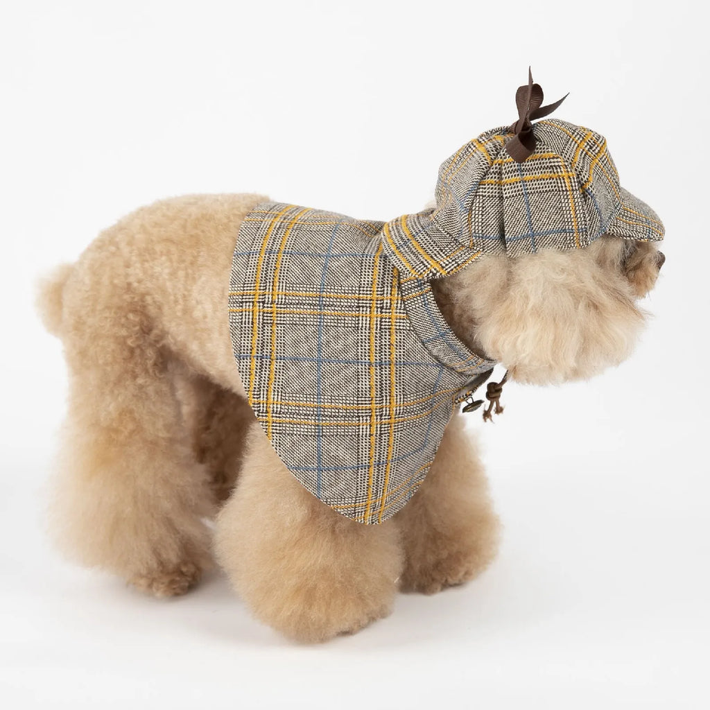 Camel-coloured cotton pet cloak with adjustable hat in detective suit style