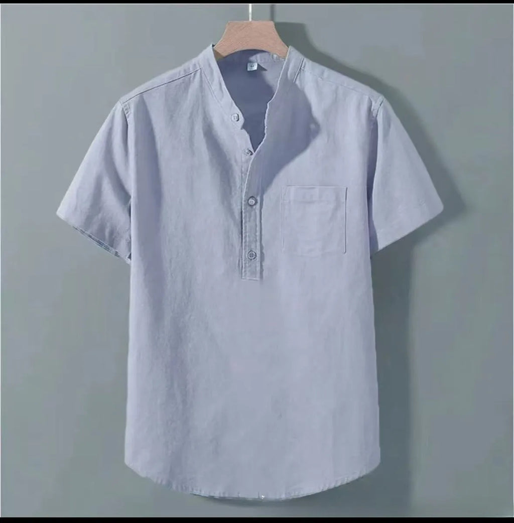 Men's loose fit casual linen shirt in slub cotton fabric with short sleeves