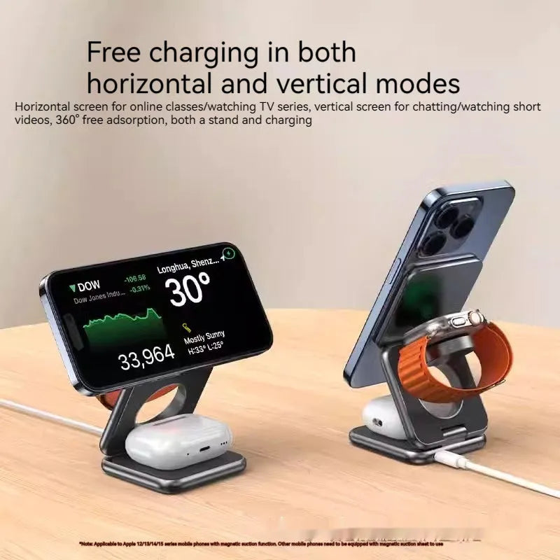 White foldable magnetic wireless charging holder for mobile phones showing QC3.0 fast charge.