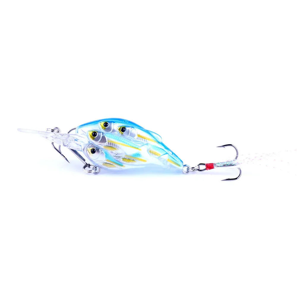 Floating hard bait fishing lure with fish feather hook in multiple colour options