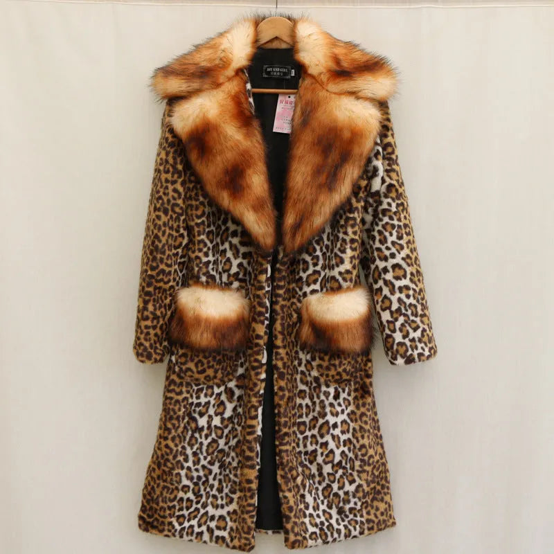 Long artificial fur jacket in leopard print, 80cm length, regular sleeves, for women's street fashion