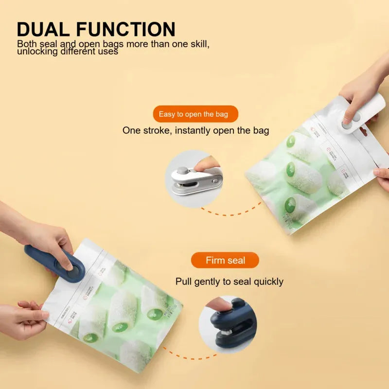 Blue handheld vacuum sealing machine with USB charging port and magnetic back