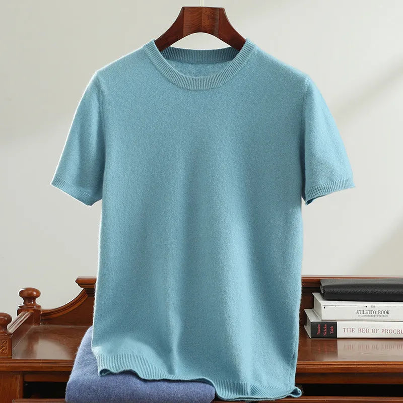 Men's round neck short sleeve sweater in steady black, loose fit pullover, casual youth jumper.