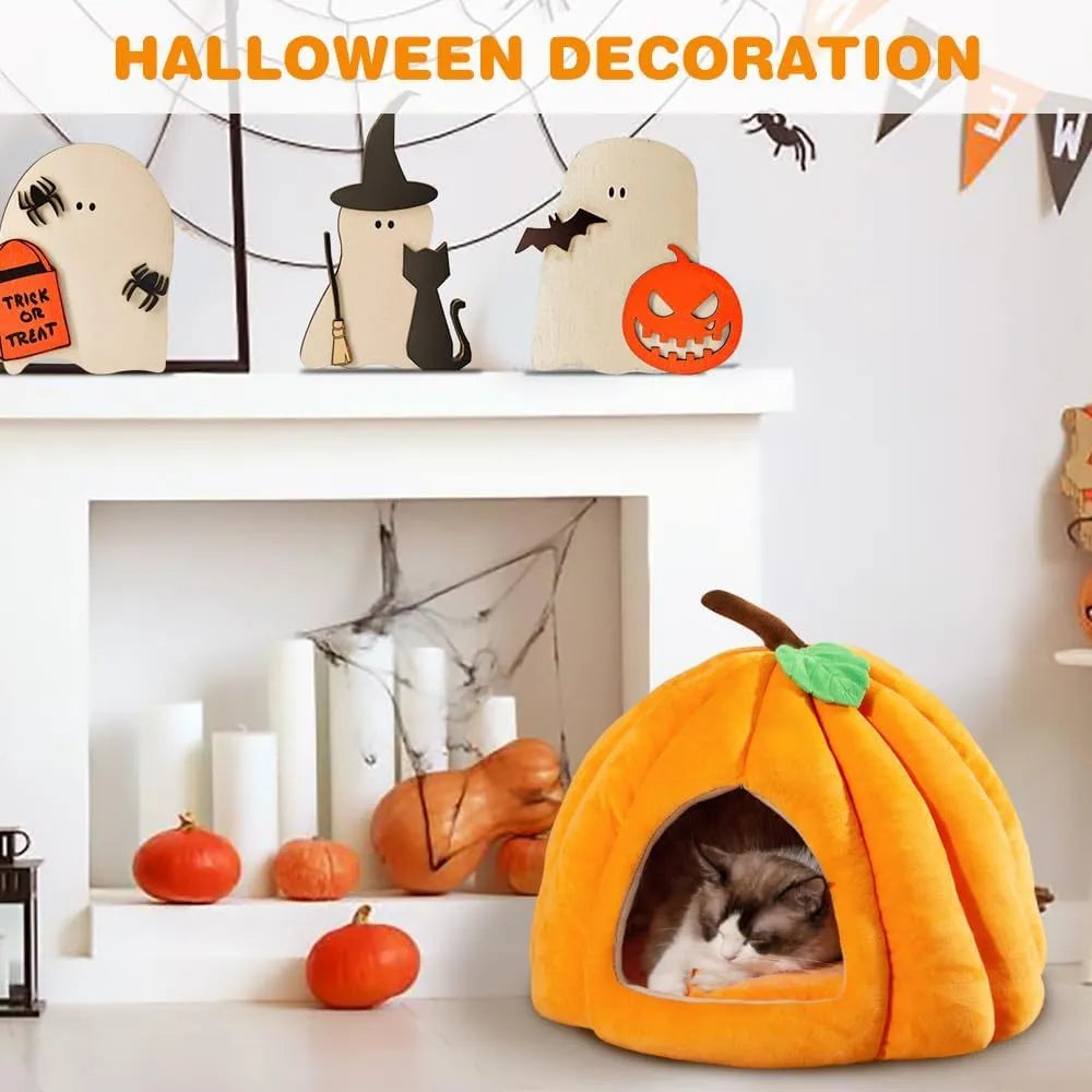 Pumpkin-shaped cat cave bed with removable mat in blue, grey or yellow