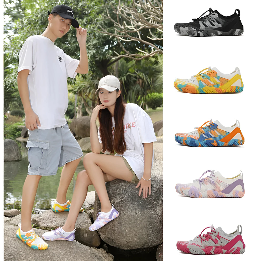 Men's and women's quick-drying lace-up beach shoes in blue with mesh upper and textured rubber sole.
