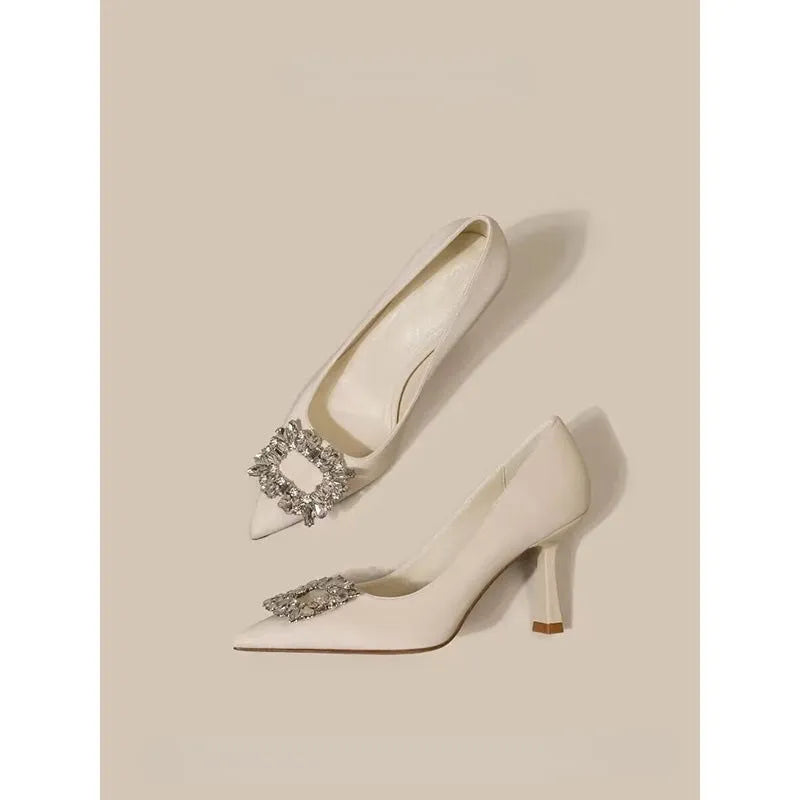 Women's creamy-white French pointed stiletto high heels with 3-5cm mid heel