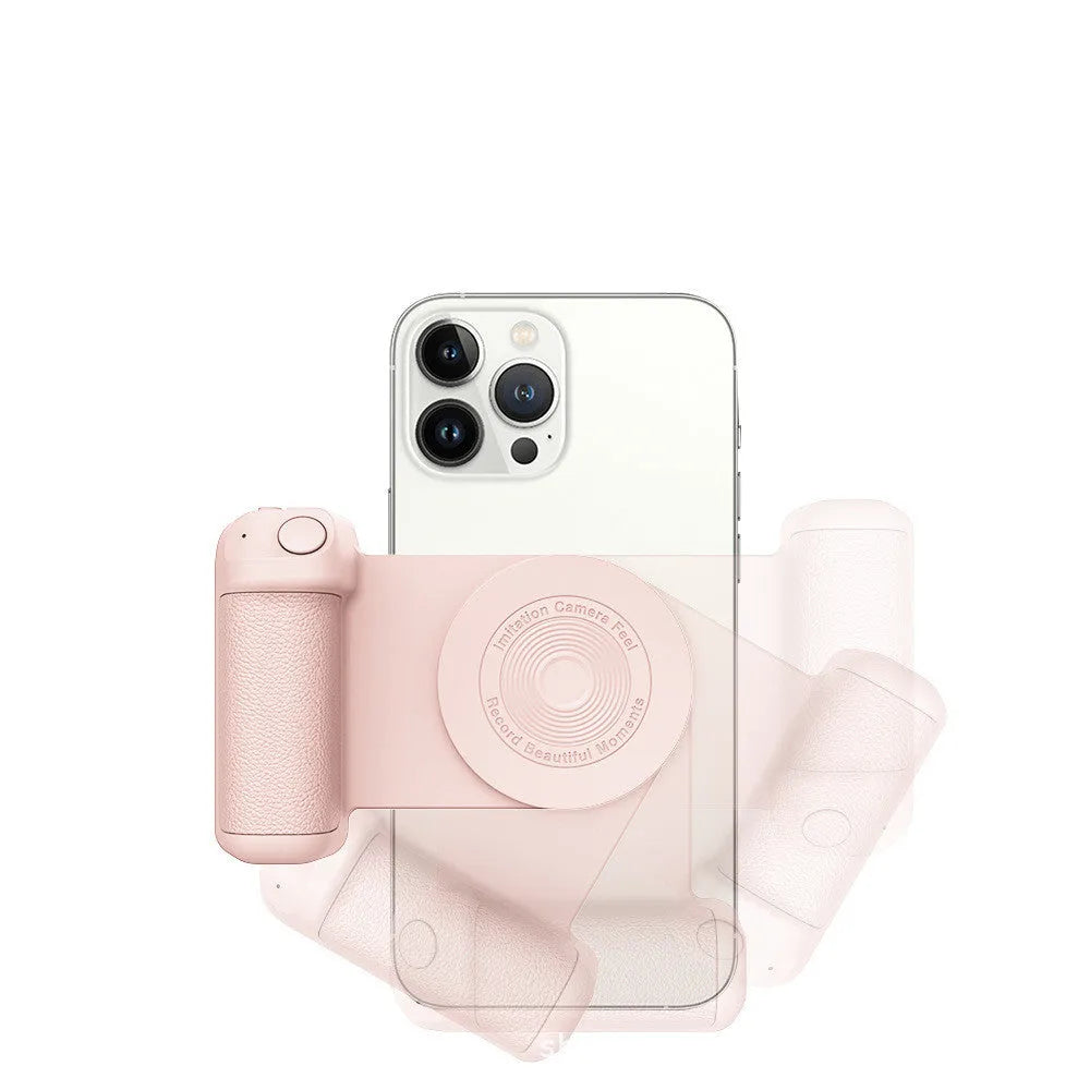Black magnetic camera grip phone holder showing rotatable axis and ergonomic PU leather handle.