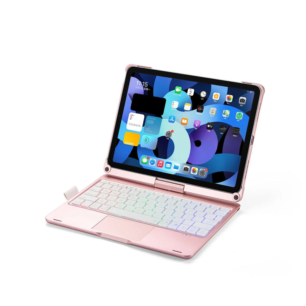 Bluetooth keyboard in black with 360-degree rotating stand and touch backlight for iPad, showing compact design and wireless connectivity.