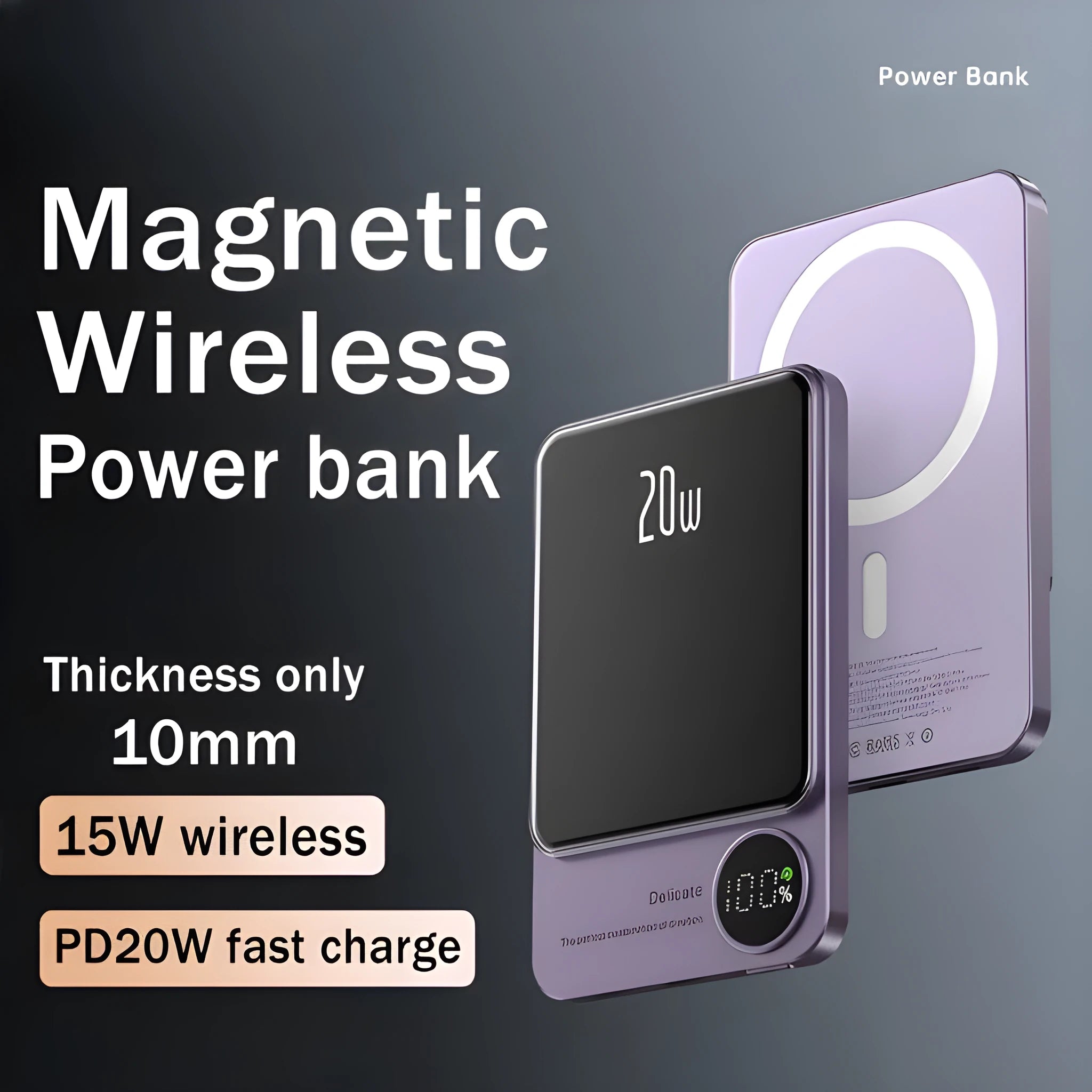 MagSafe magnetic wireless power bank for iPhone 14 in purple, showing slim profile and square aluminium alloy design.