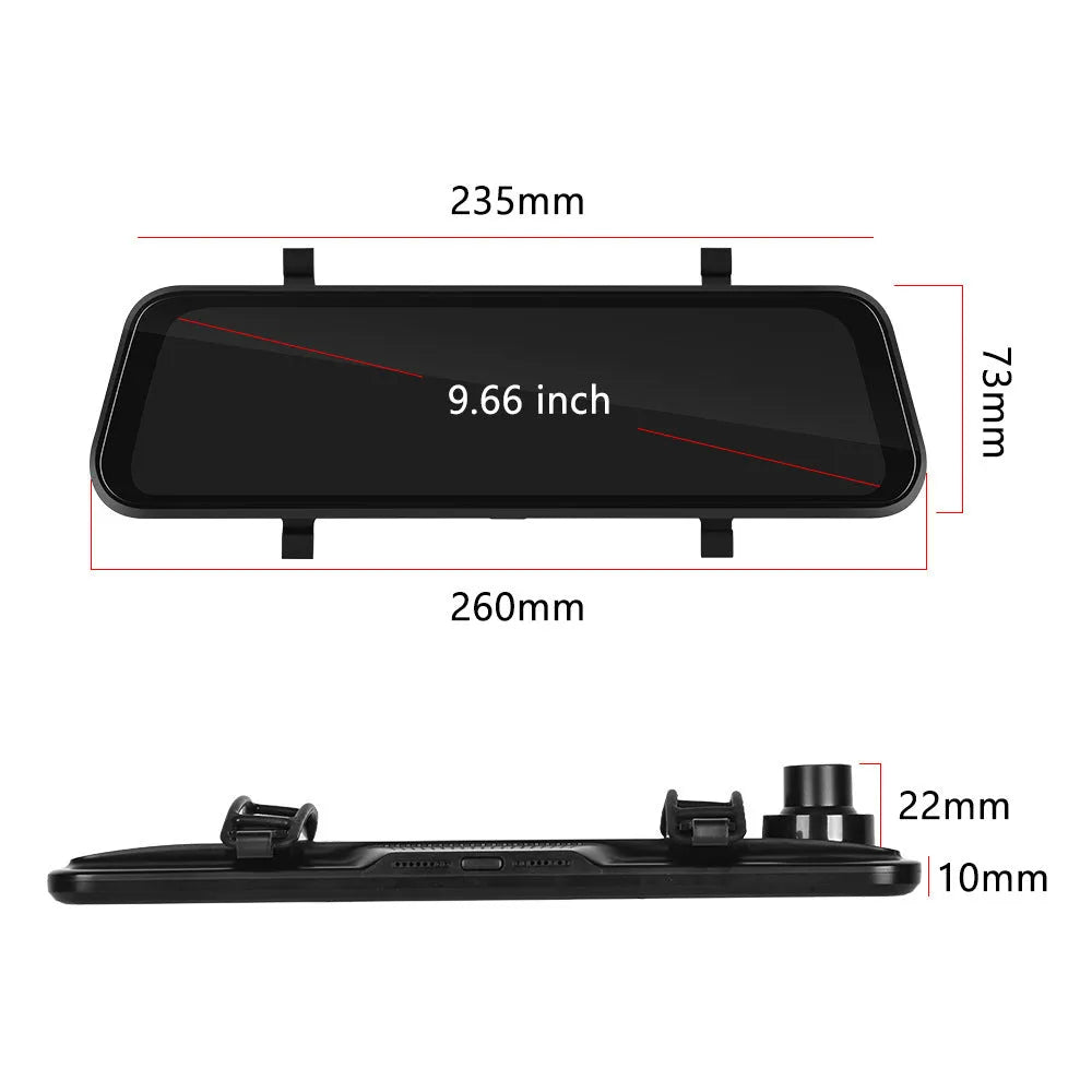 9.66-inch touchscreen car dash cam with CarPlay and Android Auto mounted as a rear-view mirror.