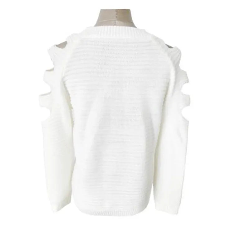 Women's grey hollow-out knitted shirt with crocheted detailing and round neckline