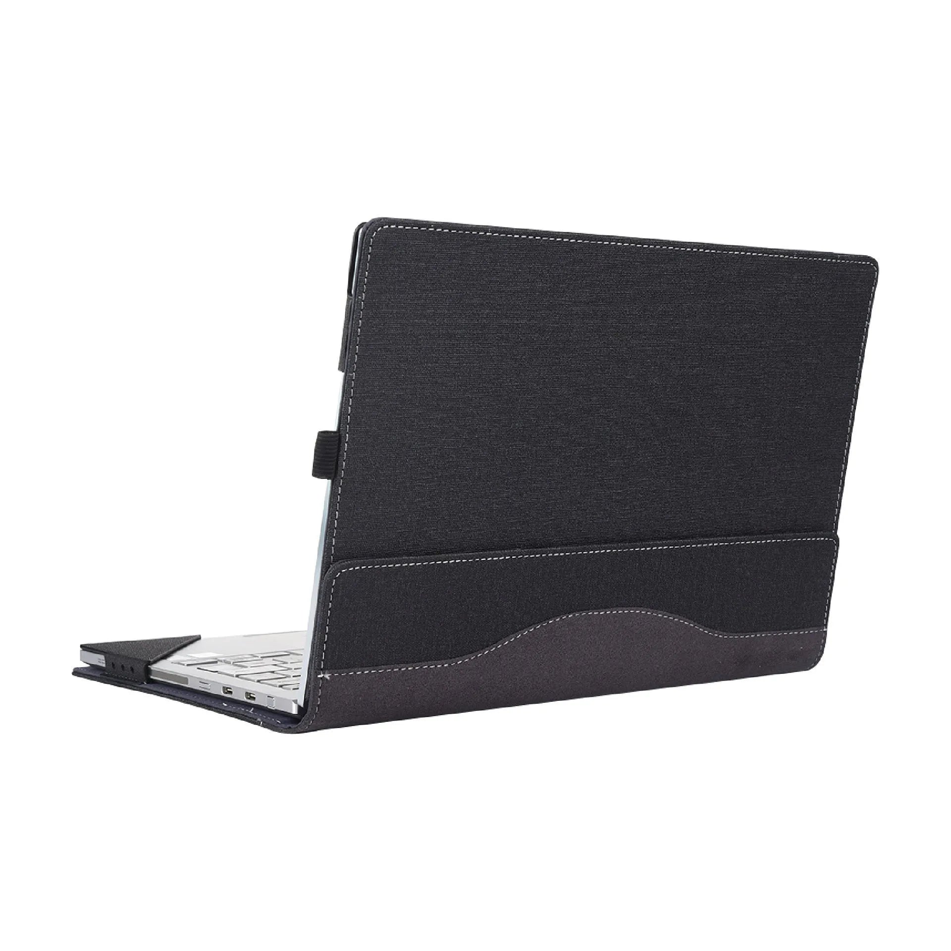Black imitation leather laptop protective sleeve with Chinese design and a carrying bracket.