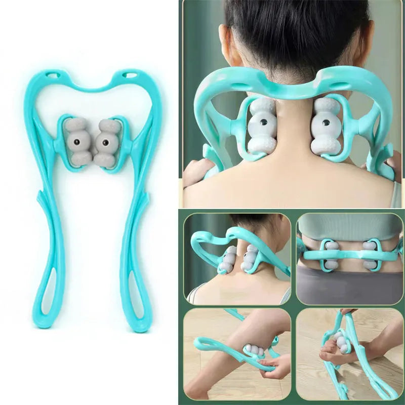 Blue handheld neck massager roller with acupressure nodes shown on a grey background.