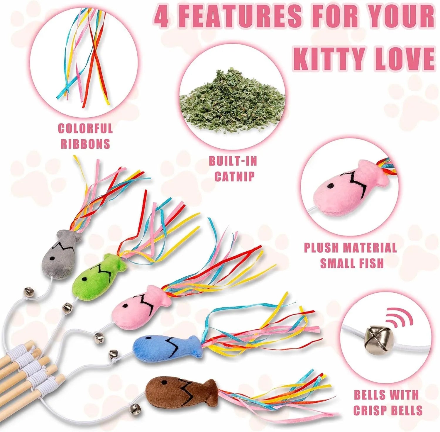 Cat wand toy with wooden handle, colourful ribbons, catnip attachment, and bell for interactive feline play