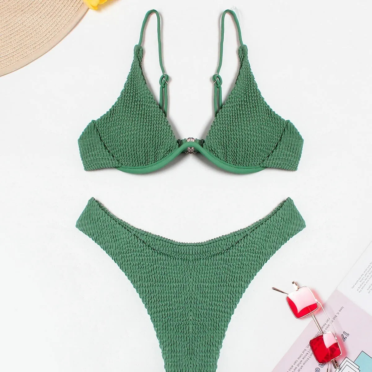 Green solid colour women's bikini with ruffle detail on top and briefs bottoms