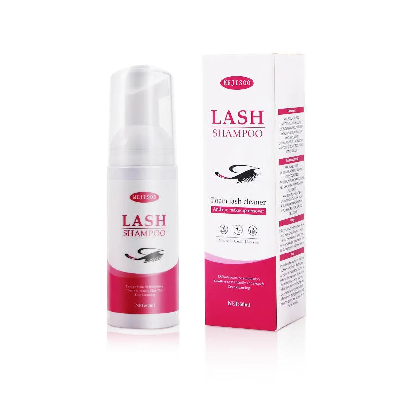 LASH SHAMPOO Mousse Eyelash Cleaning Solution 60ml in 3.7cm by 13.5cm white bottle with blue text