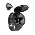 Black Bluetooth headset with detachable smart bracelet showing colour screen, earbuds, and charging cable