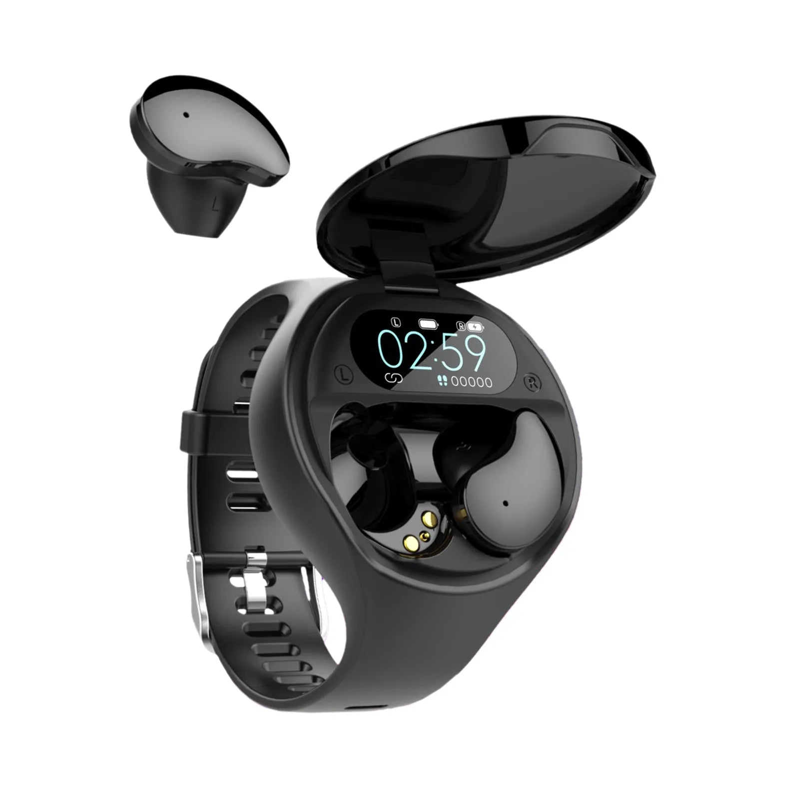 Black Bluetooth headset with detachable smart bracelet showing colour screen, earbuds, and charging cable