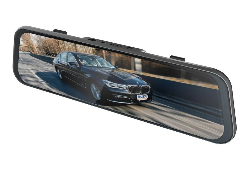 Black 10-inch touch screen driving recorder mounted as rearview mirror with wide angle lens