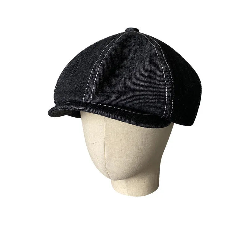 Black cotton beret with Japanese denim fabric in octagonal retro design for men and women