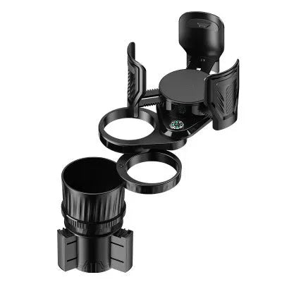 Black adjustable car cup holder with retractable base showing 6.5-10cm diameter range