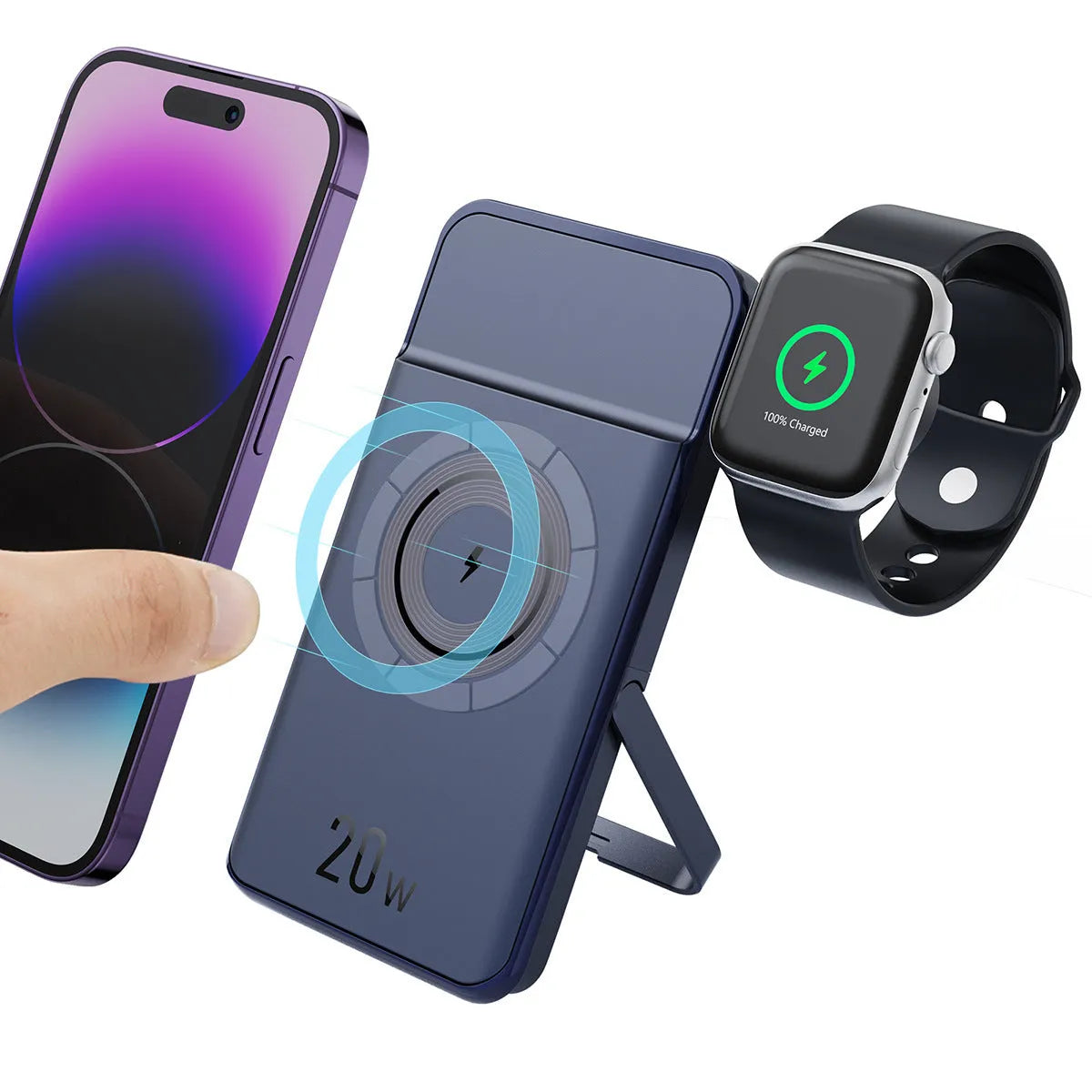 Black magnetic wireless power bank with bracket showing 10000mAh capacity and industrial design