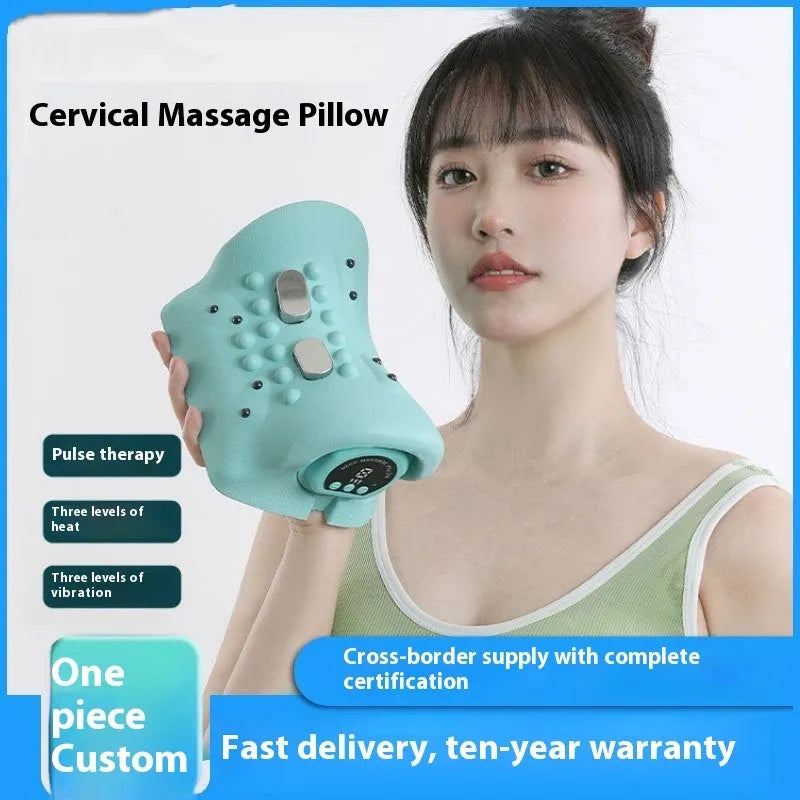 Blue-green portable EMS hot compress massage pillow for cervical spine and shoulders