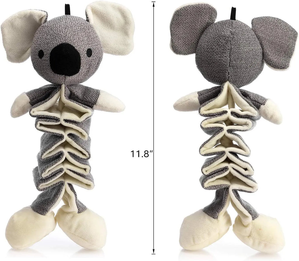 Gray koala-shaped dog toy measuring 30cm with crinkle paper inside and rope reinforcement for durability