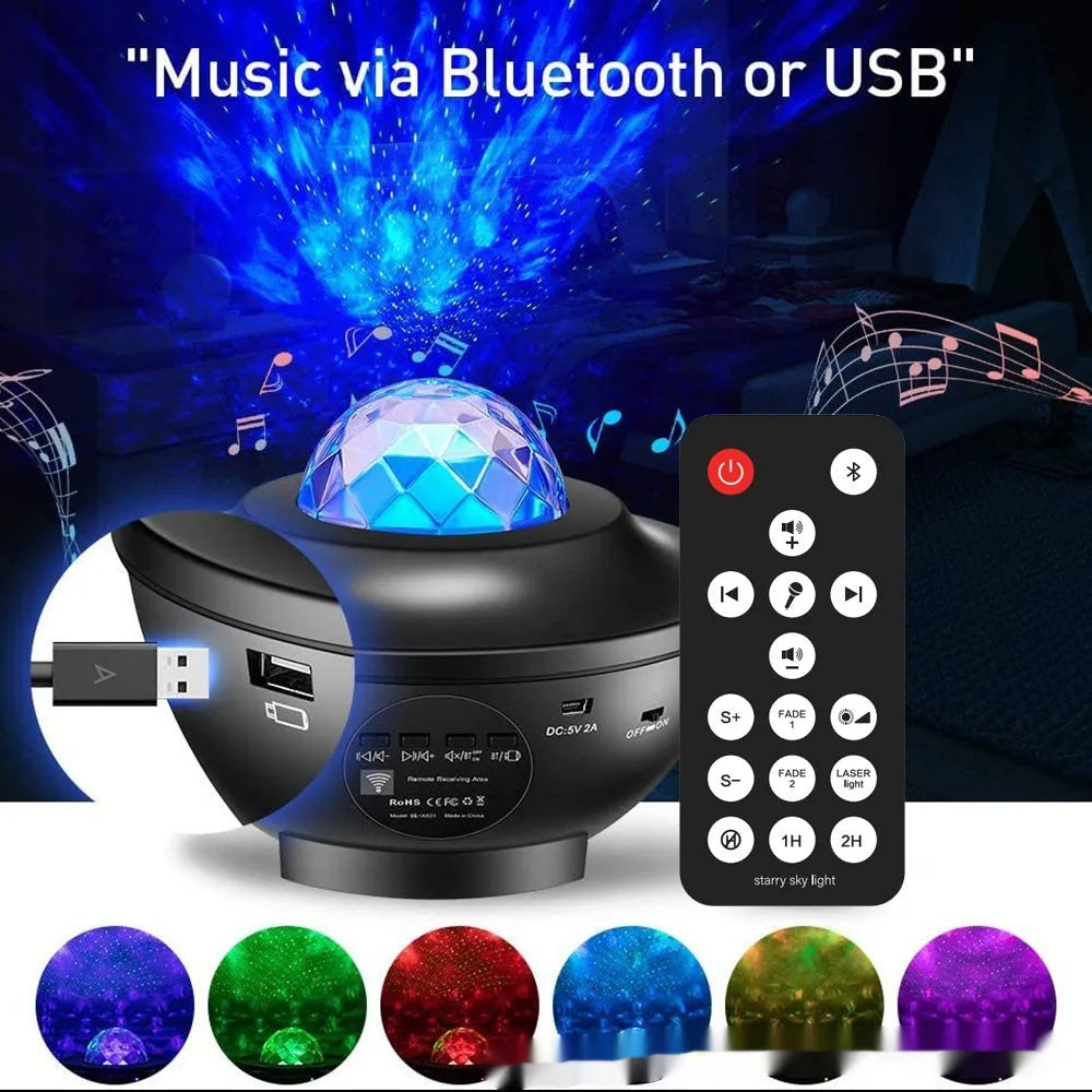 Small black starry sky projection lamp on desktop with rotating water ripple laser effects and remote control